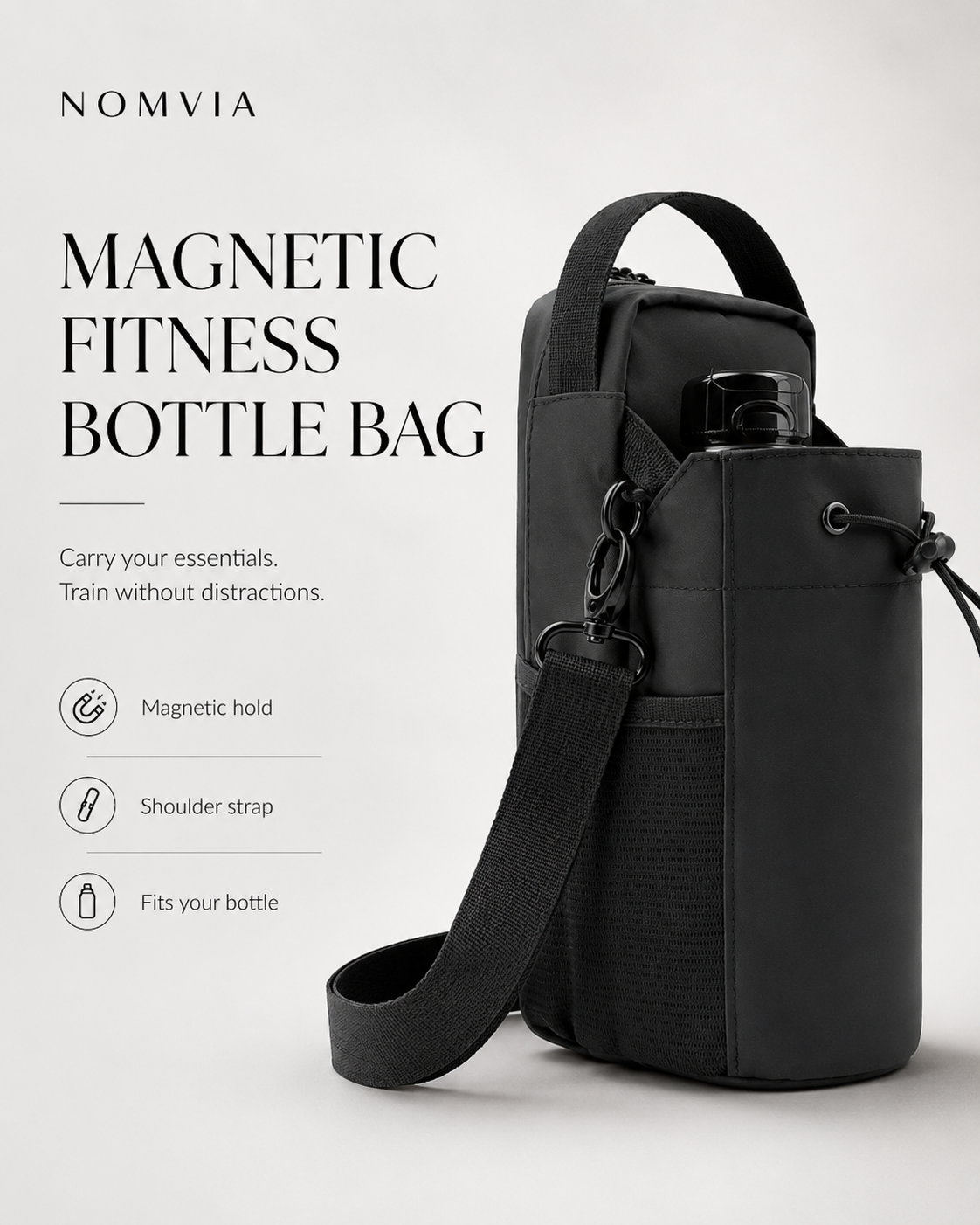 NOMVIA Magnetic Gym Bag side view with magnetic hold, shoulder strap and bottle pocket