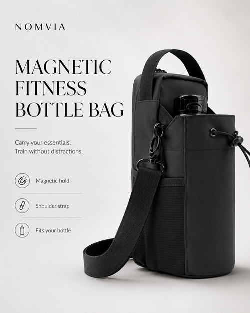 NOMVIA Magnetic Gym Bag side view with magnetic hold, shoulder strap and bottle pocket