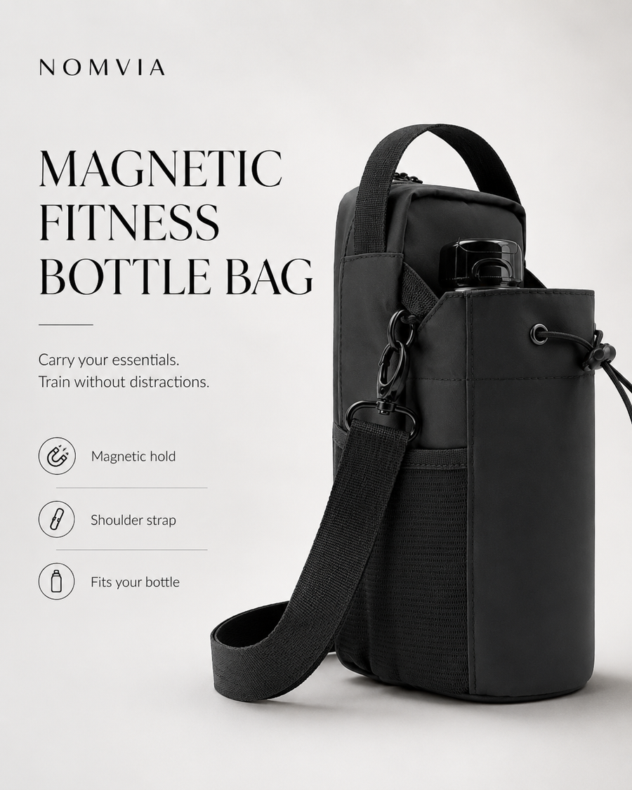 NOMVIA Magnetic Gym Bag side view with magnetic hold, shoulder strap and bottle pocket